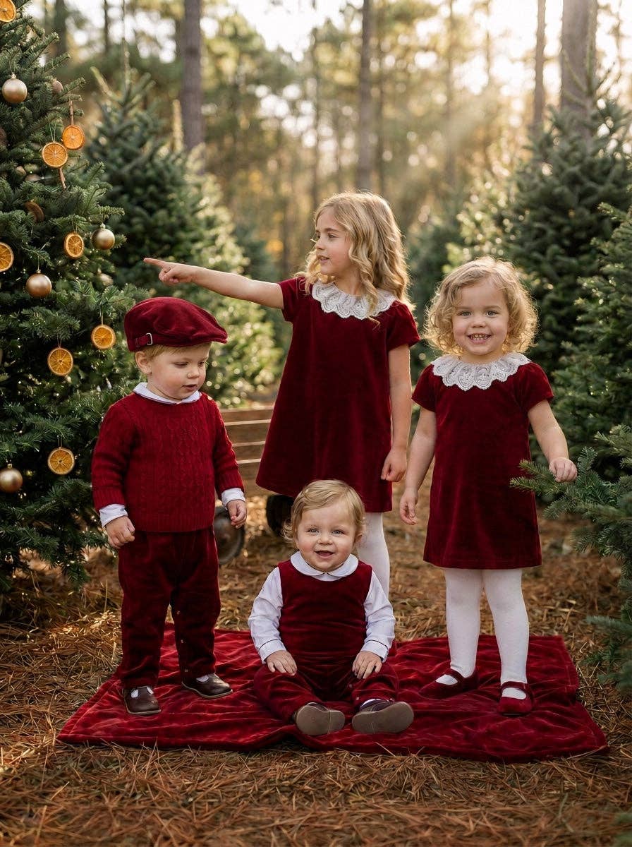 Baby Boy Red Velvet Long Romper with White Shirt: Red Velvet / 3M