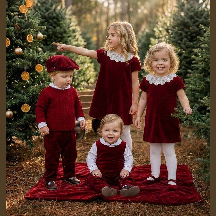 Red Velvet Corduroy Overall Romper Set with White Shirt