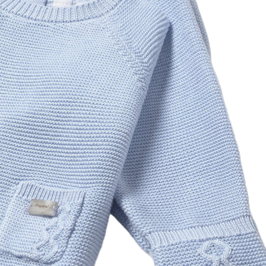 Light Blue Knitted Cotton Sweater, Footie & Hat Set