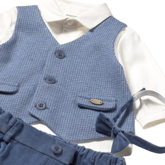 3-Piece Baby Boy Outfit with Bow Tie – Blue Vest, Shirt & Trousers Set