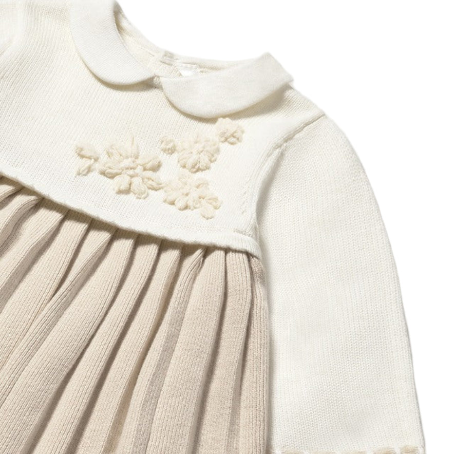 Baby Girl Beige Cotton Dress with Embroidered Details