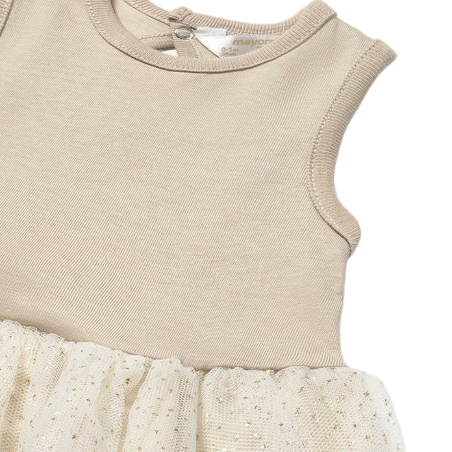 Baby Girl Cream Cotton Dress with Tulle Skirt & Bow Detail