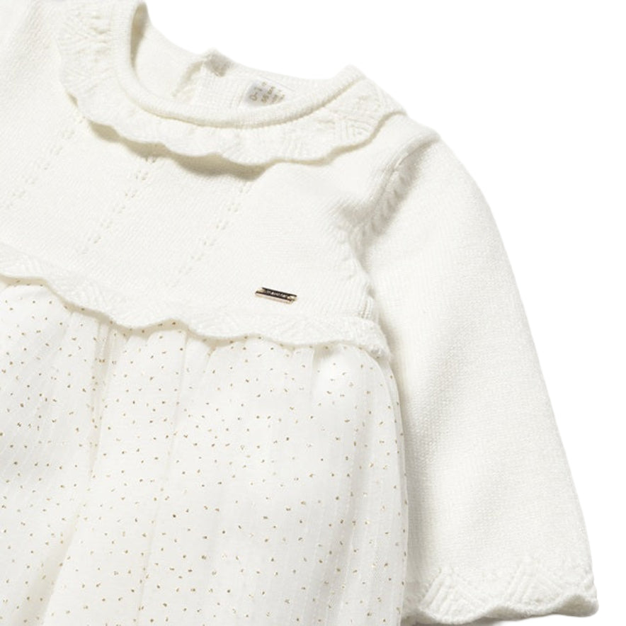 Baby Girl White Knit Dress – Long Sleeve Tricot Top with Tulle Skirt