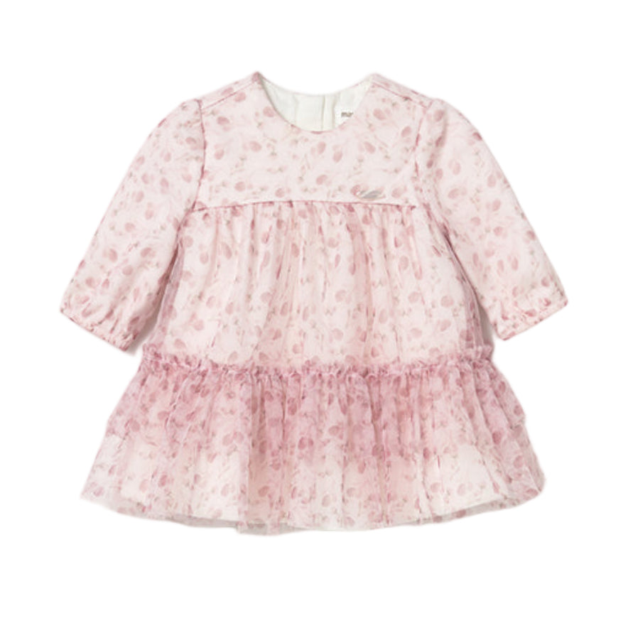 Petal Pink Layered Tulle Baby Dress with Floral Print