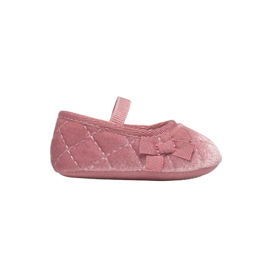Pink Velvet Baby Shoes with Bow & Elastic Strap