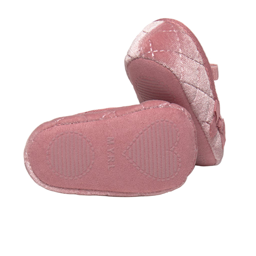 Pink Velvet Baby Shoes with Bow & Elastic Strap