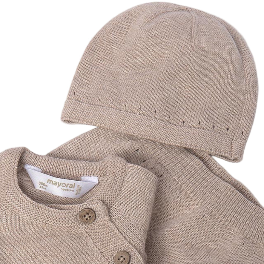 Baby Knit Gift Set – Taupe Tricot Sweater, Footie & Hat