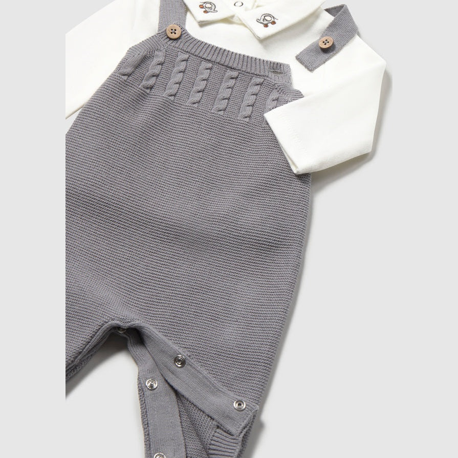 3-Piece Knit Dungaree Set with Cardigan & Collared Top