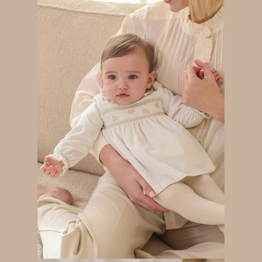 Baby Girls Off-White Velour Floral Dress with Ruffle Collar