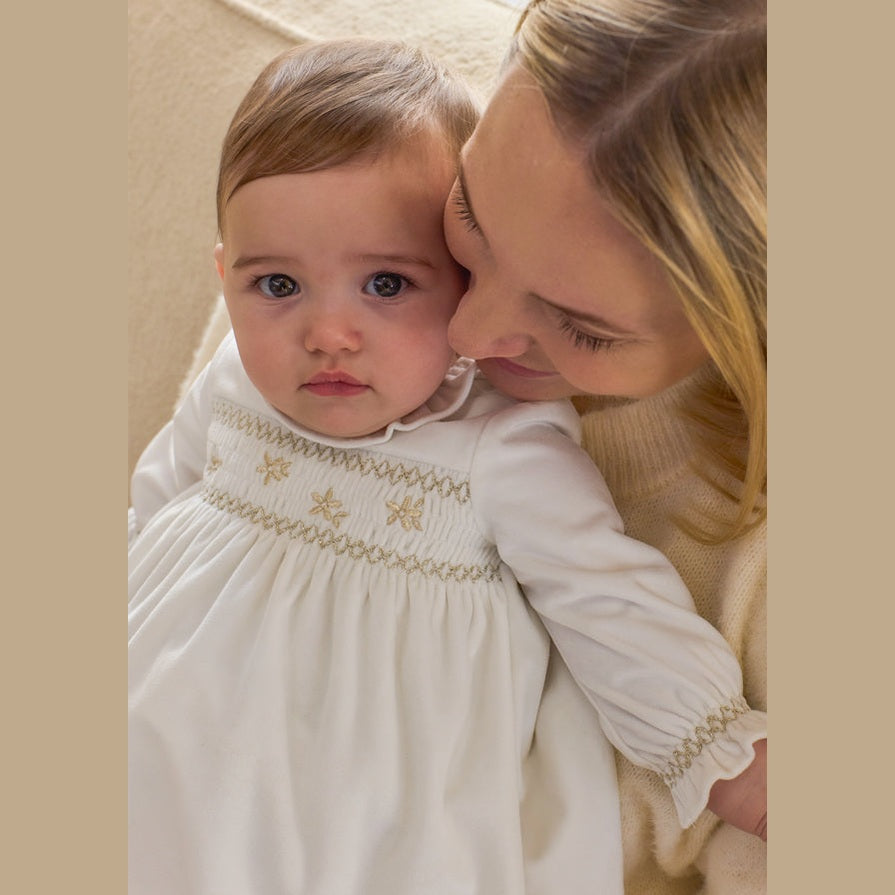 Baby Girls Off-White Velour Floral Dress with Ruffle Collar