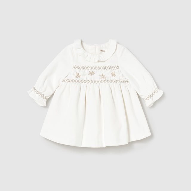 Baby Girls Off-White Velour Floral Dress with Ruffle Collar