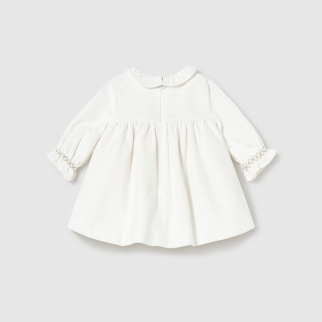 Baby Girls Off-White Velour Floral Dress with Ruffle Collar