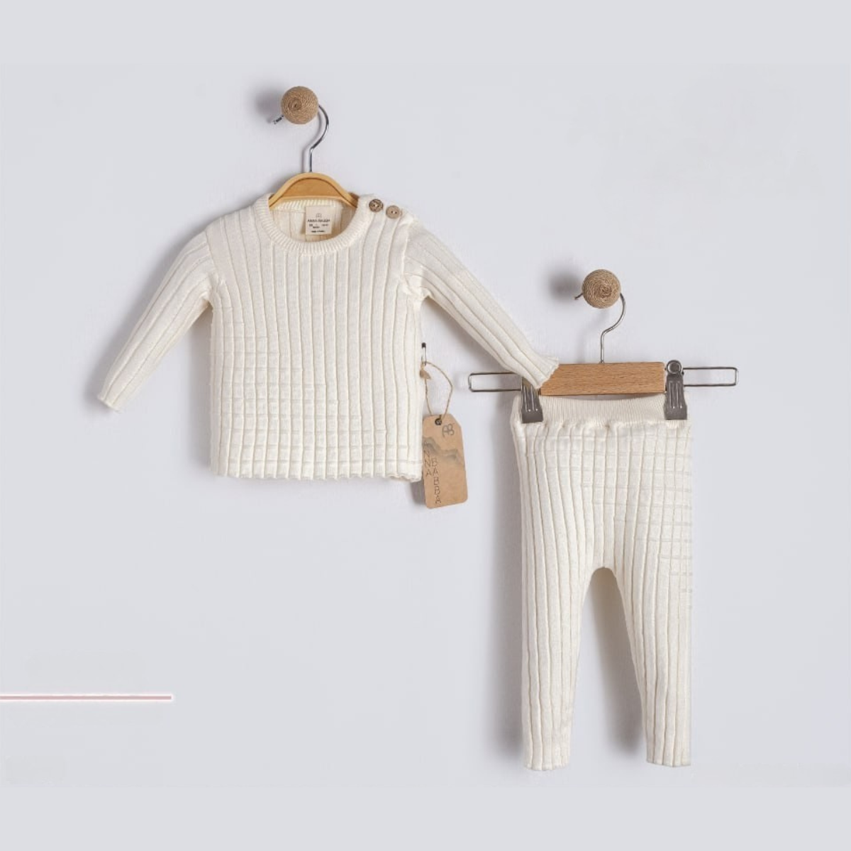 Baby Knit Ribbed Outfit – 2 Piece Cream Set with Long Sleeve Top & Pants