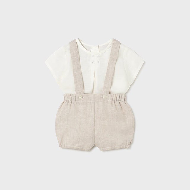 Baby Boy Beige Suspenders & Shirt Set