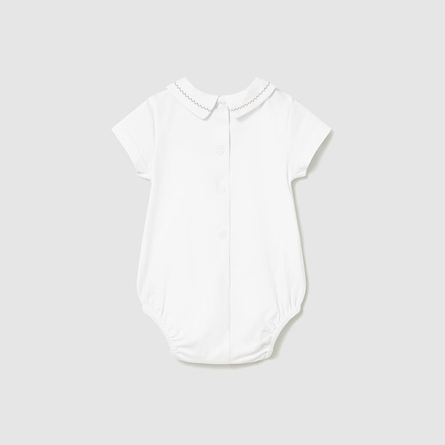 Infant White Polo Bodysuit with Scalloped Pink Stitching