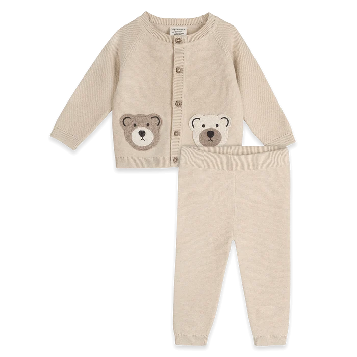 Cozy Bear Applique Knit Baby Cardigan & Pant Set (Organic Cotton)
