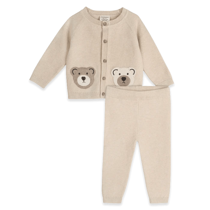 Cozy Bear Applique Knit Baby Cardigan & Pant Set (Organic Cotton)