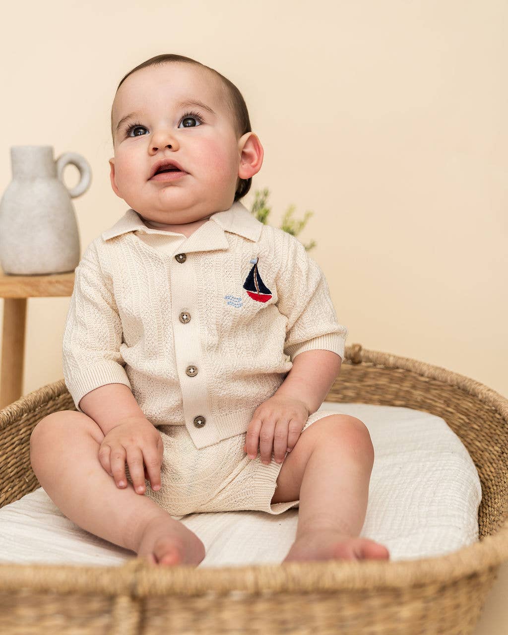 Sailboat Embroidered Baby Shirt & Shorts Set (Organic): Natural / 3-6M