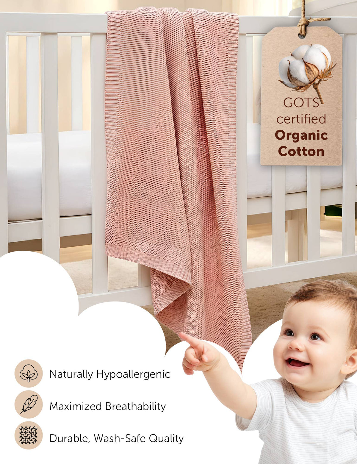 Cream Soft Cotton Bubble Knit Baby Stroller Blanket