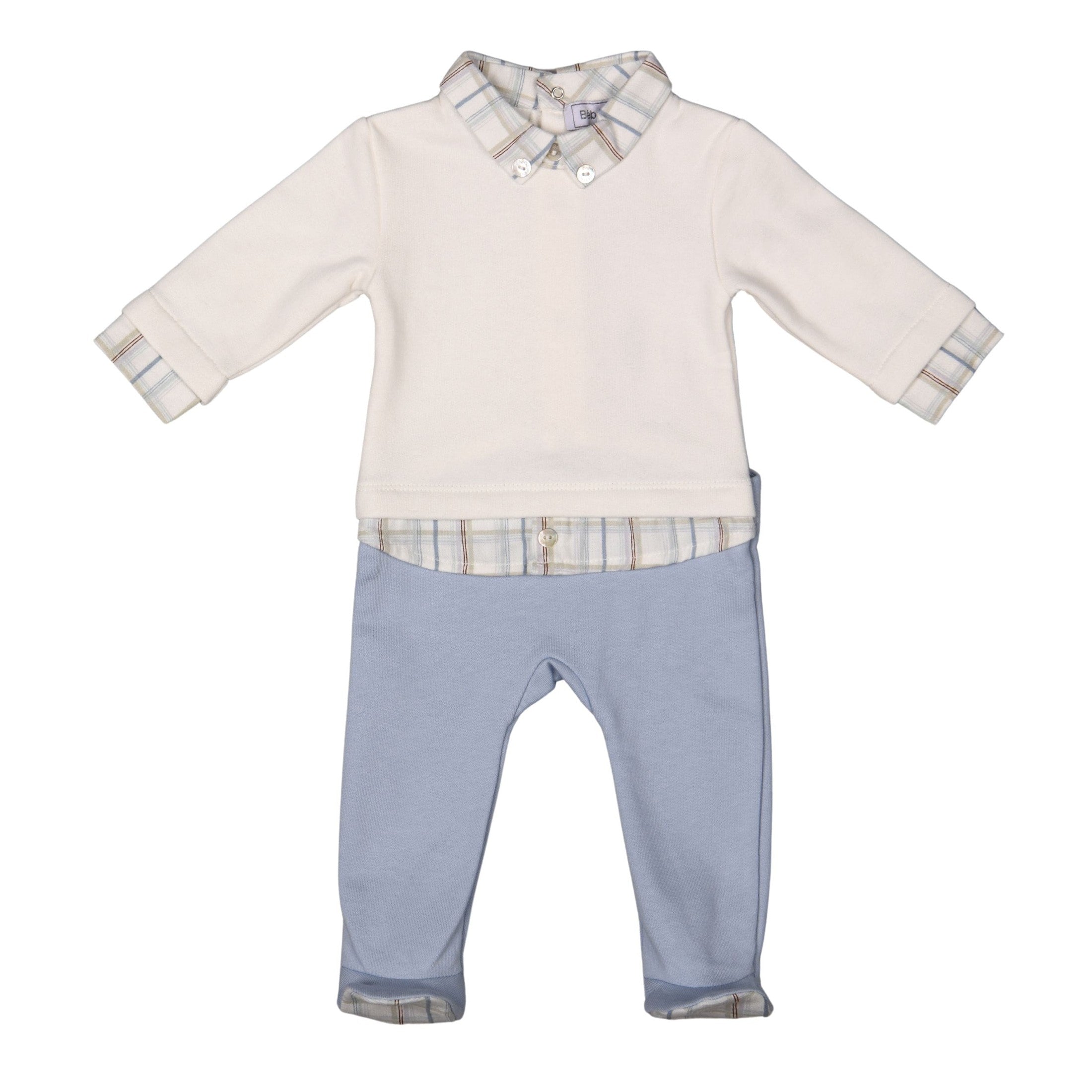 Baby Boy White & Blue Outfit Cotton Babygrow with Formal Collar and Footed Legs