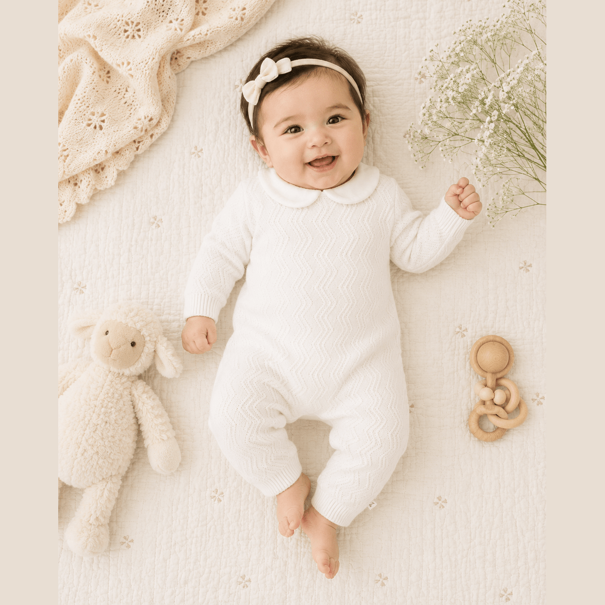 Dove White Knit Peter Pan Chevron Baby Jumpsuit (Organic): Dove White