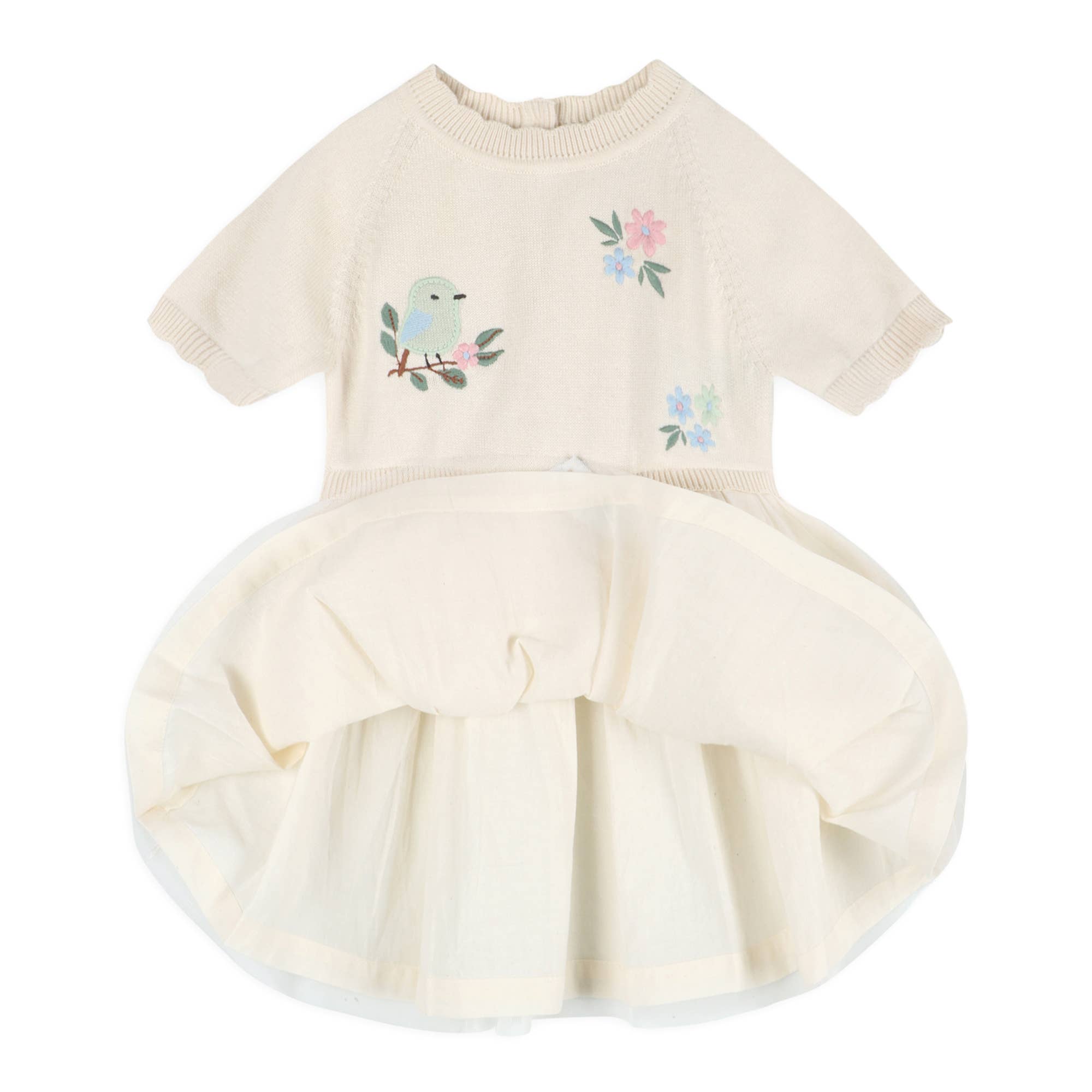 Natural Bird Floral Embroidered Tutu Knit Baby Dress