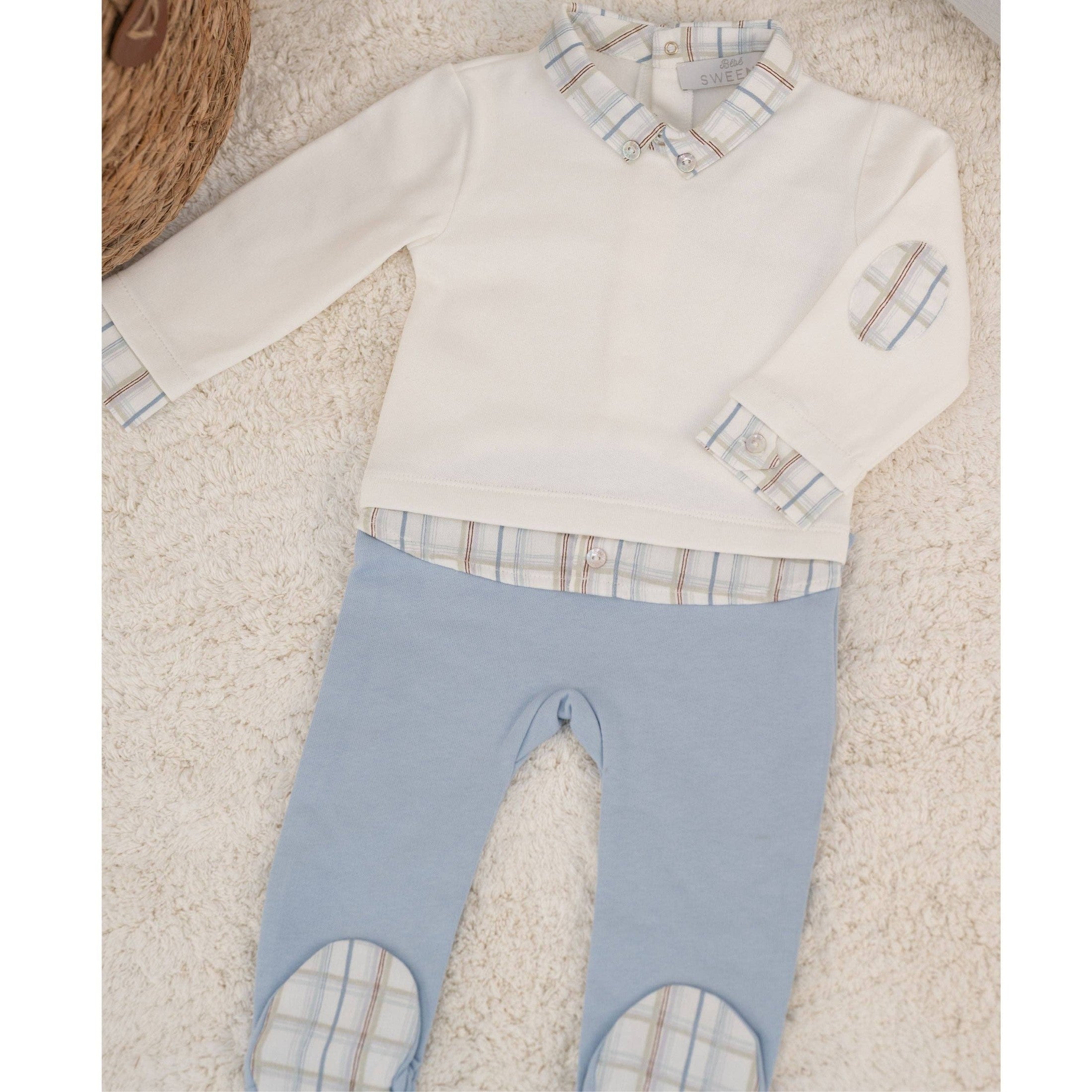 Baby Boy White & Blue Outfit Cotton Babygrow with Formal Collar and Footed Legs