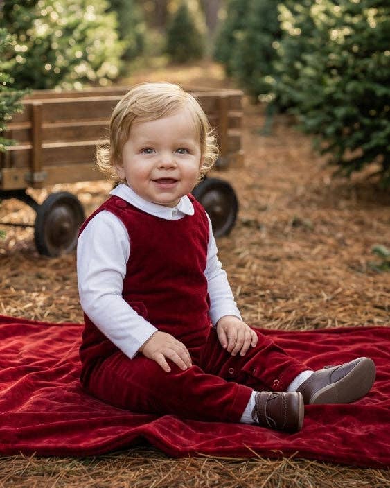 Baby Boy Red Velvet Long Romper with White Shirt: Red Velvet / 18M