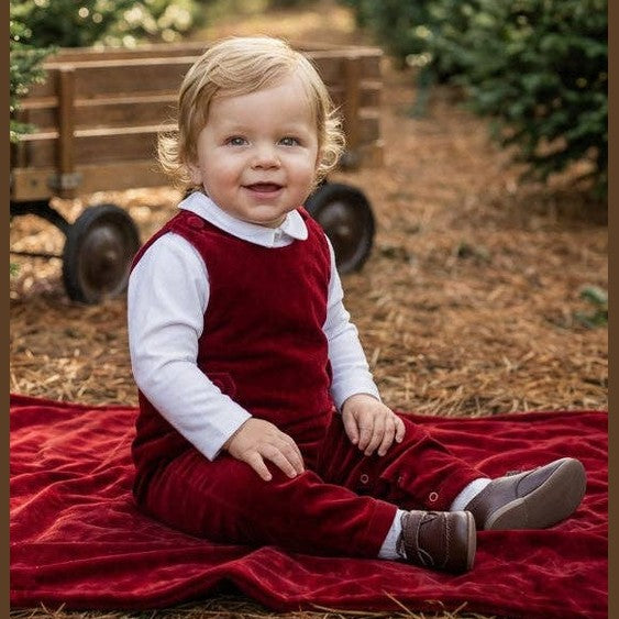 Red Velvet Corduroy Overall Romper Set with White Shirt