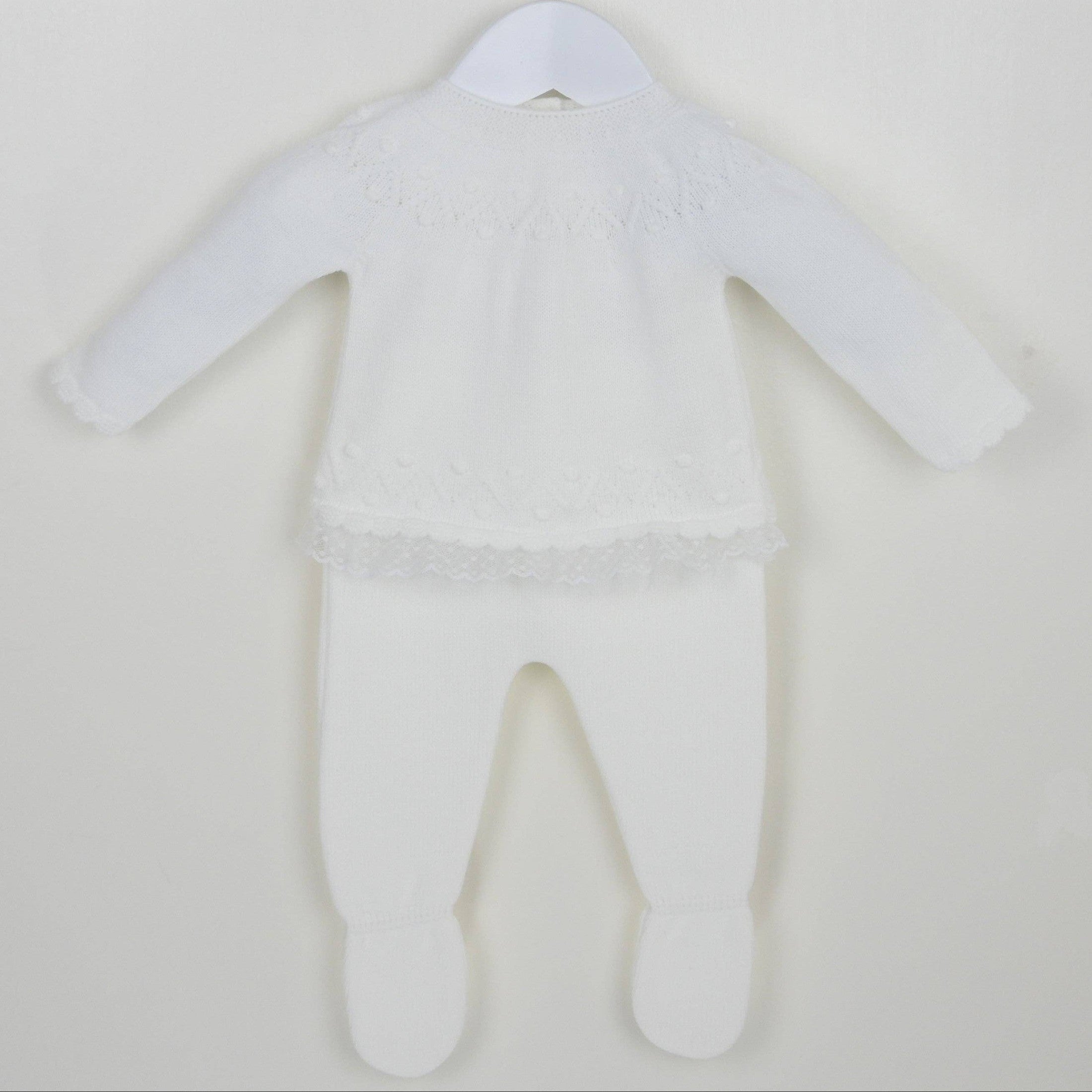 White Baby Knit Outfit Set – Long Sleeve Sweater & Footed Pants with Lace Trim