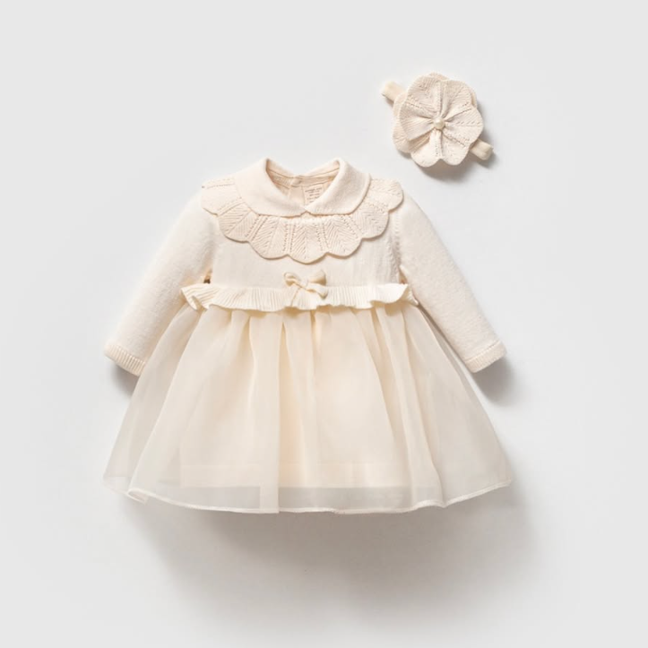 2-Piece Baby Girl Dress Set – Knit & Tulle Dress with Headband