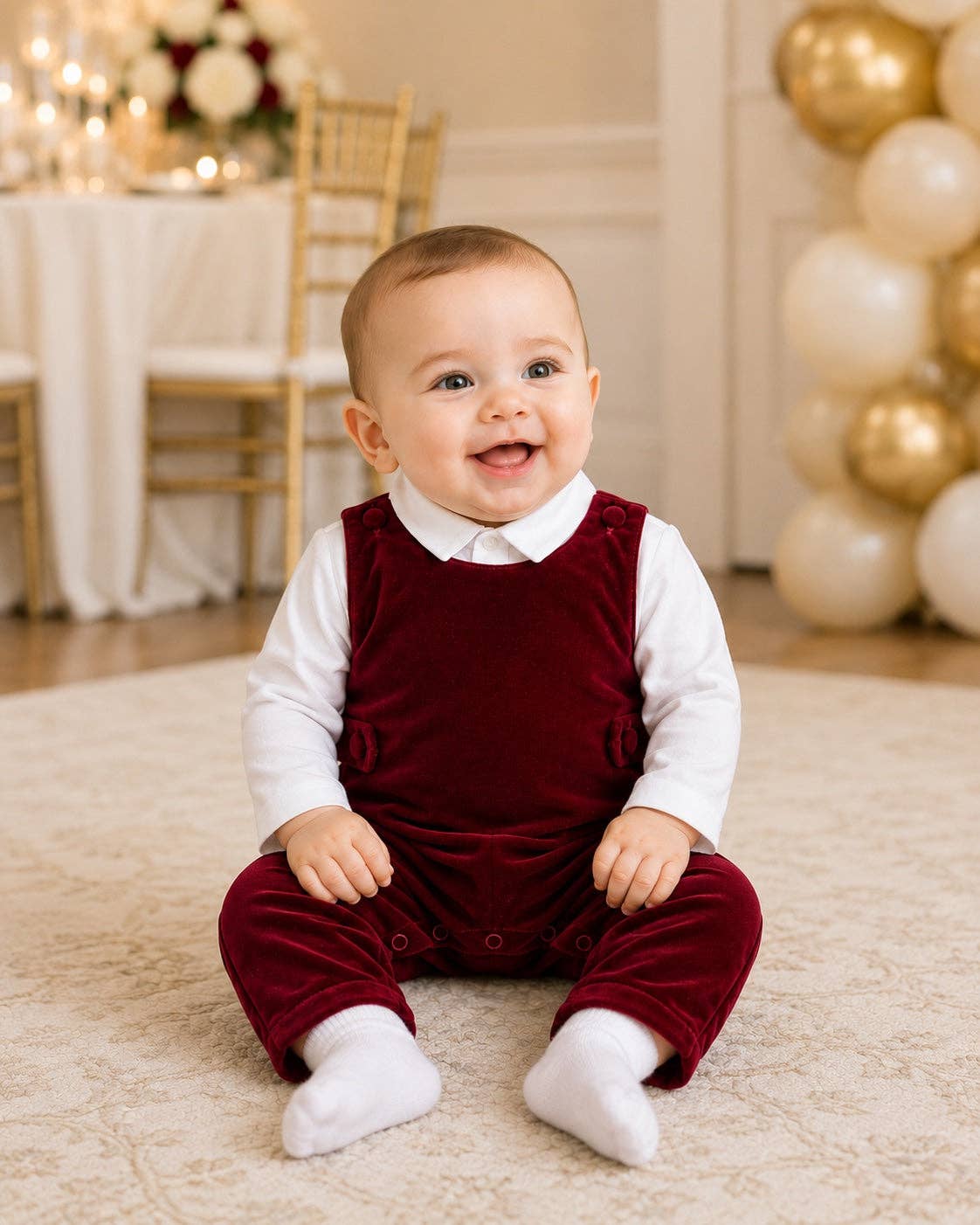 Baby Boy Red Velvet Long Romper with White Shirt: Red Velvet / 24M