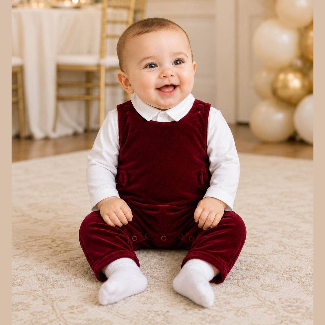 Red Velvet Corduroy Overall Romper Set with White Shirt