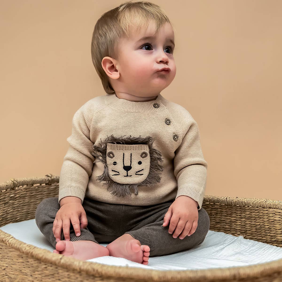 Lion Appliqué Oat Knit Baby Sweater and Pants Set
