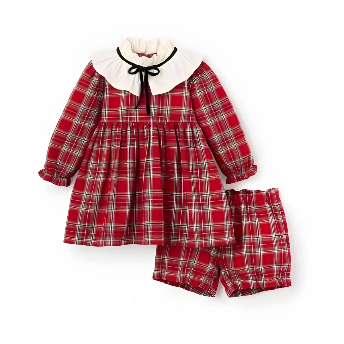 Christmas Red Plaid Dress with Collar & Bloomer