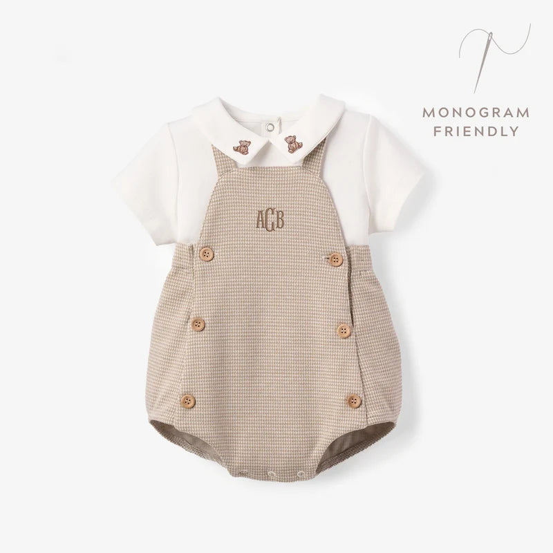 Teddy Bear Embroidered Houndstooth Overall Bubble