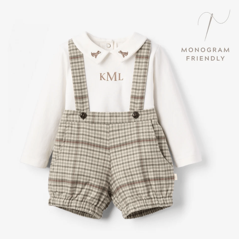 Embroidered Bodysuit + Heritage Plaid Suspender Shorts