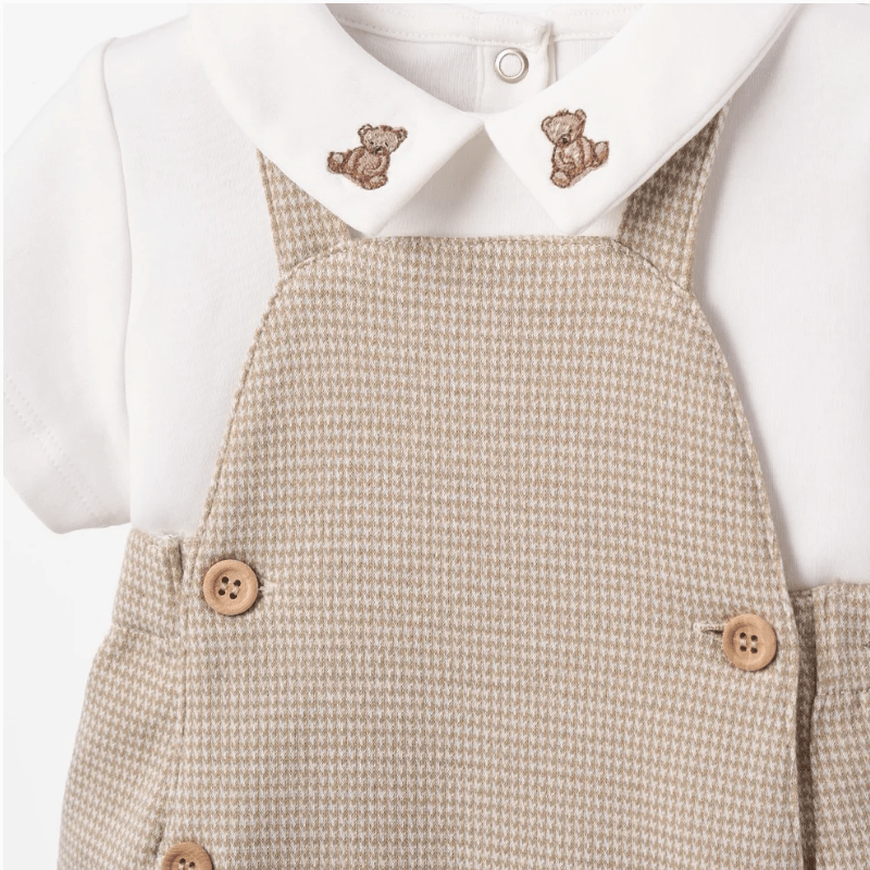 Teddy Bear Embroidered Houndstooth Overall Bubble