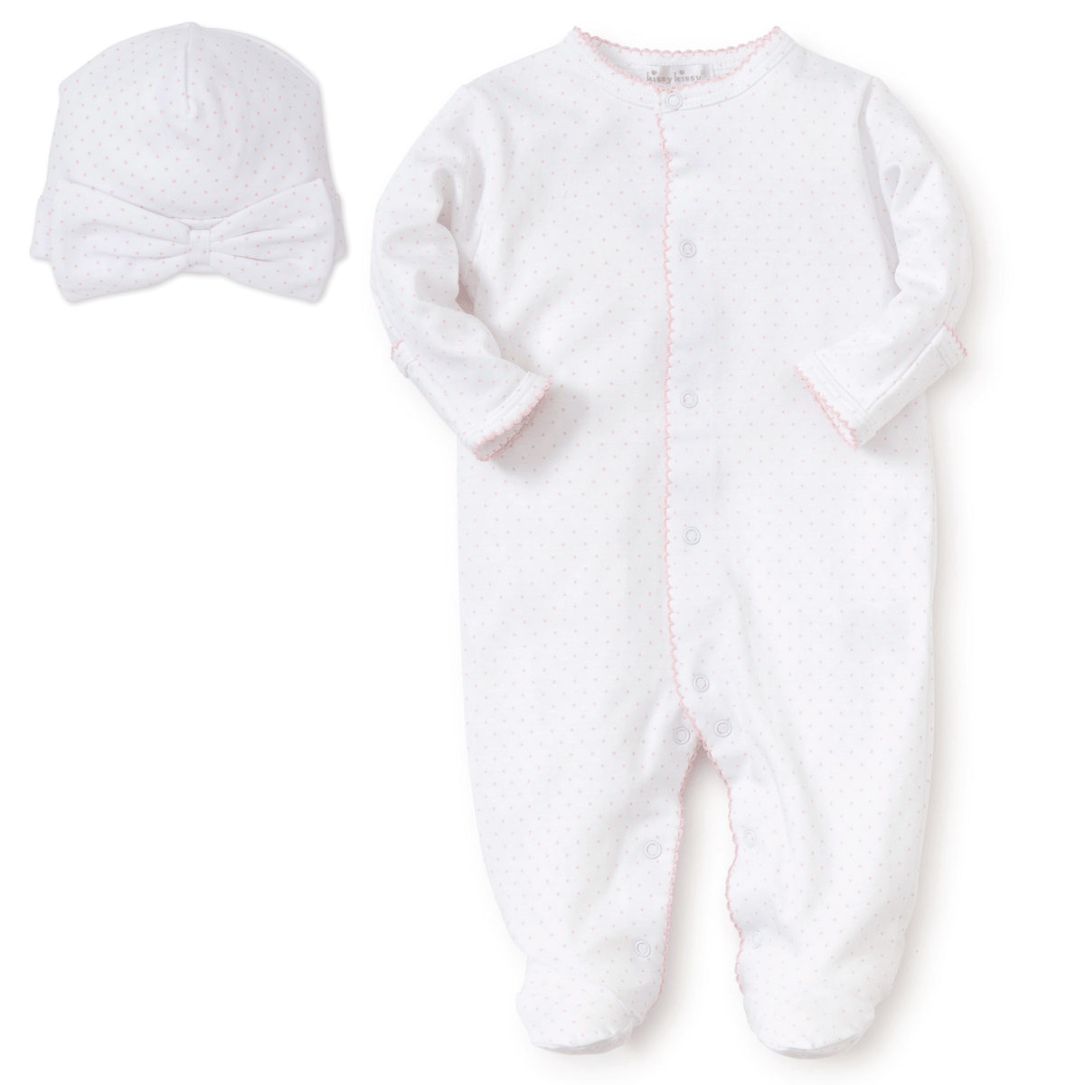 New Kissy Dots Print Footie and Hat Set Pink