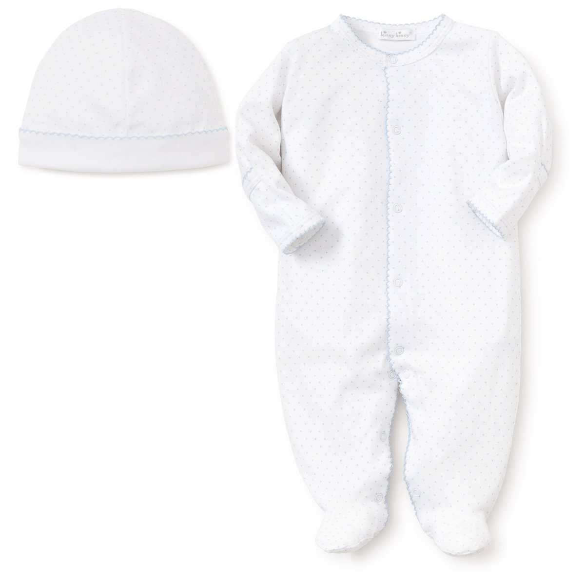 New Kissy Dots Print Footie and Hat Set Blue