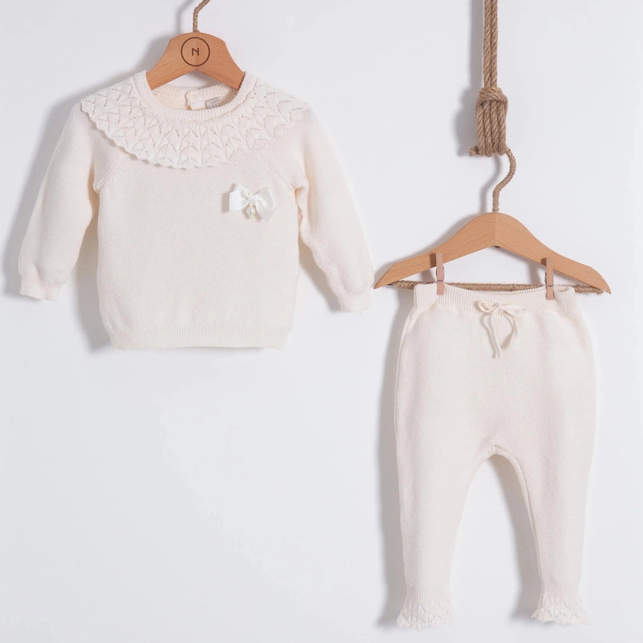 Baby Girl Cream Knit Outfit – 2 Piece Cotton Clothes Set with Crochet Collar