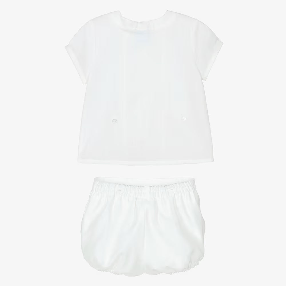 Baby Boy White Shortie Romper Set with Ladder Lace Trim