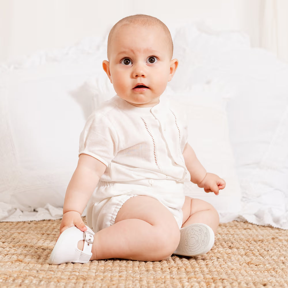 Baby Boy White Shortie Romper Set with Ladder Lace Trim