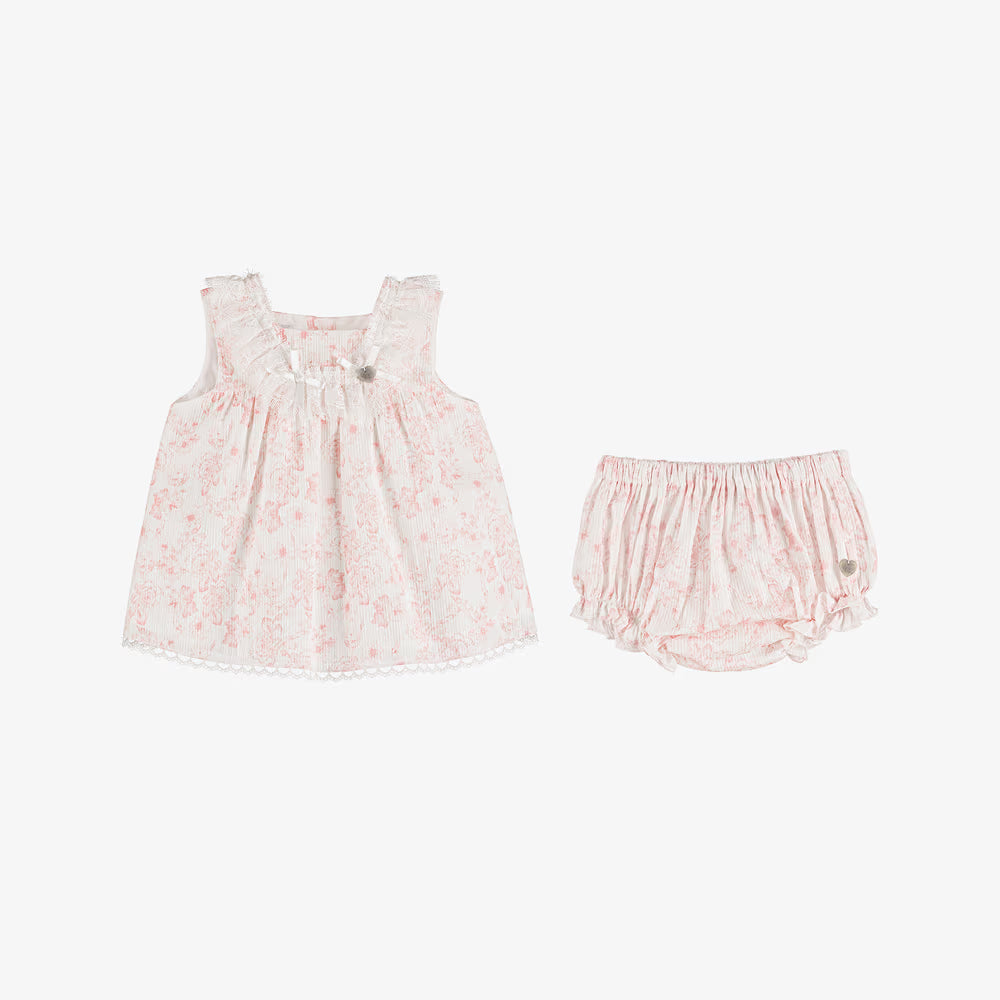 Pink Cotton Floral Dress Set with Lace Trims