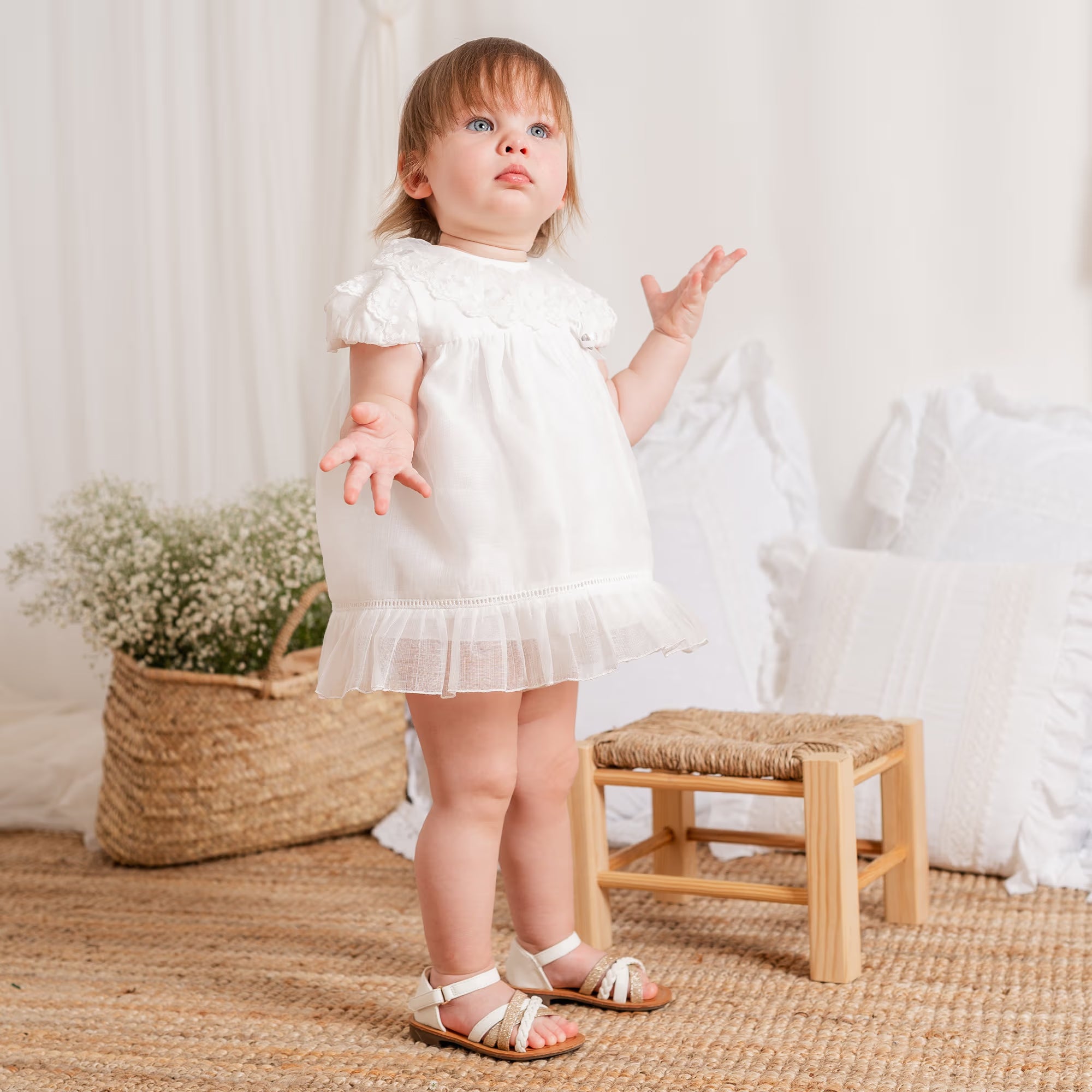 Baby Girl White Dress & Bloomers Set with Floral Lace Collar
