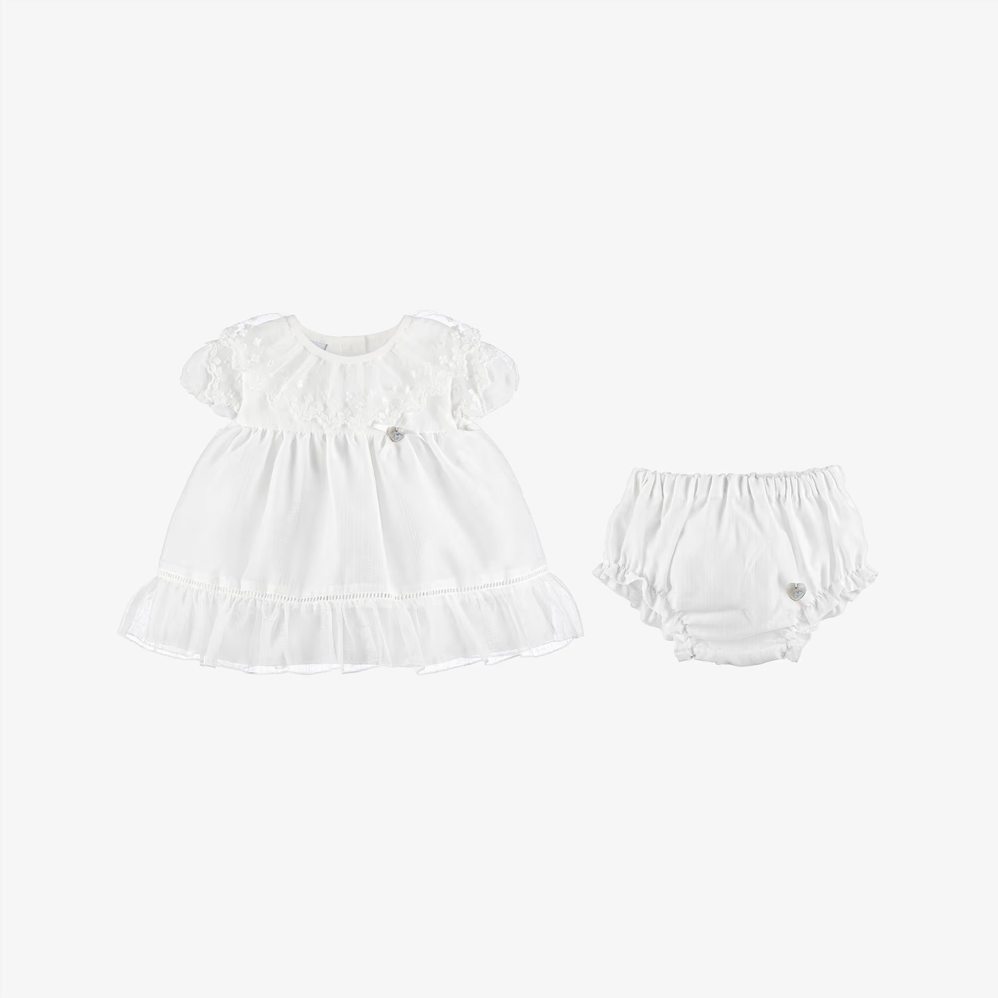 Baby Girl White Dress & Bloomers Set with Floral Lace Collar