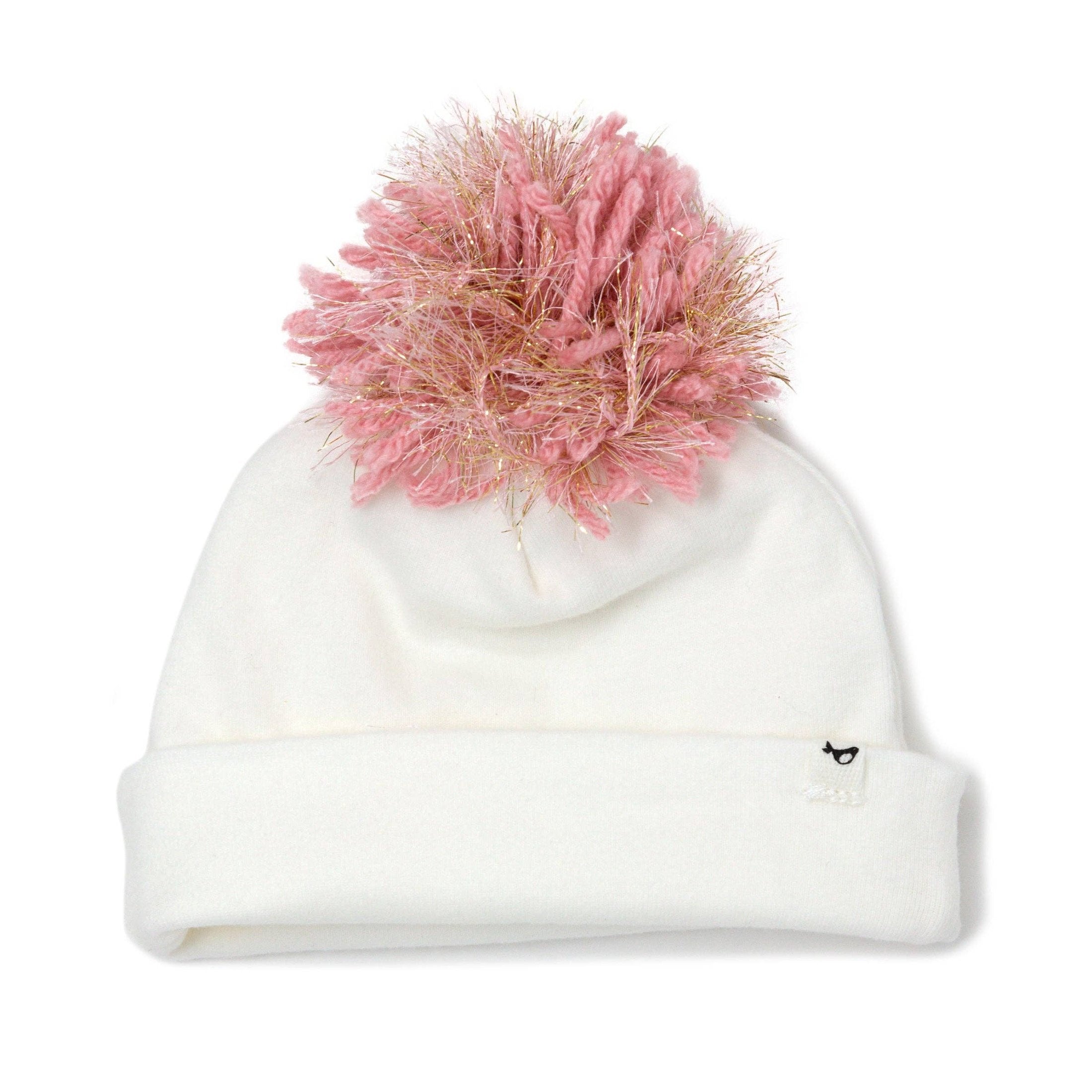 White Knit Beanie with Sparkly Pink Pom
