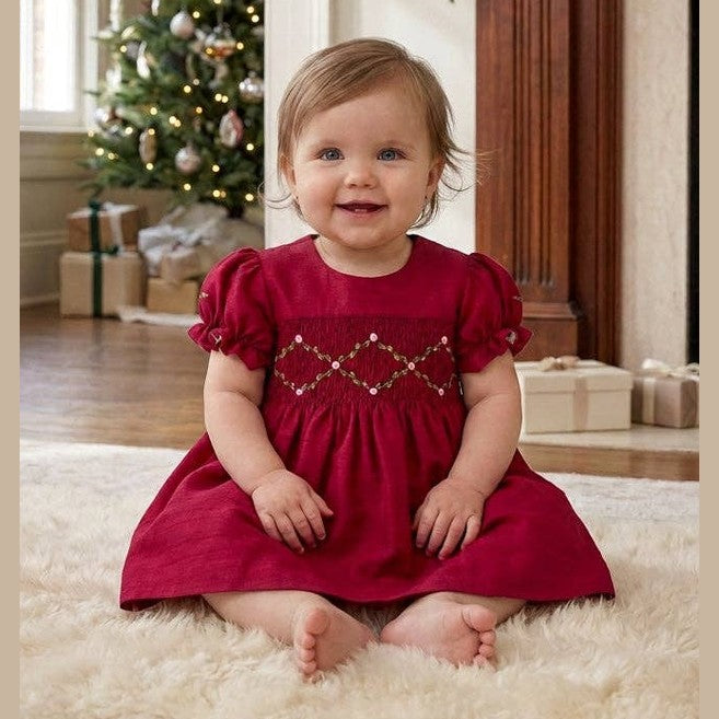 Red Smocked Floral Embroidered Dress with Puff Sleeves