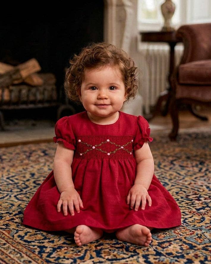 Floral Smocked Silk Red Short Sleeve Baby Girl Dress: 6M