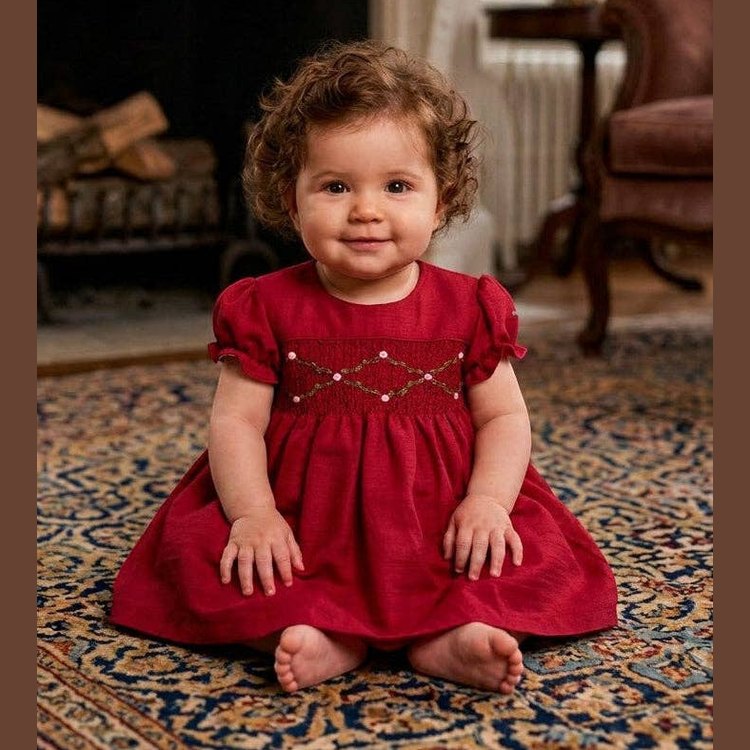 Red Smocked Floral Embroidered Dress with Puff Sleeves
